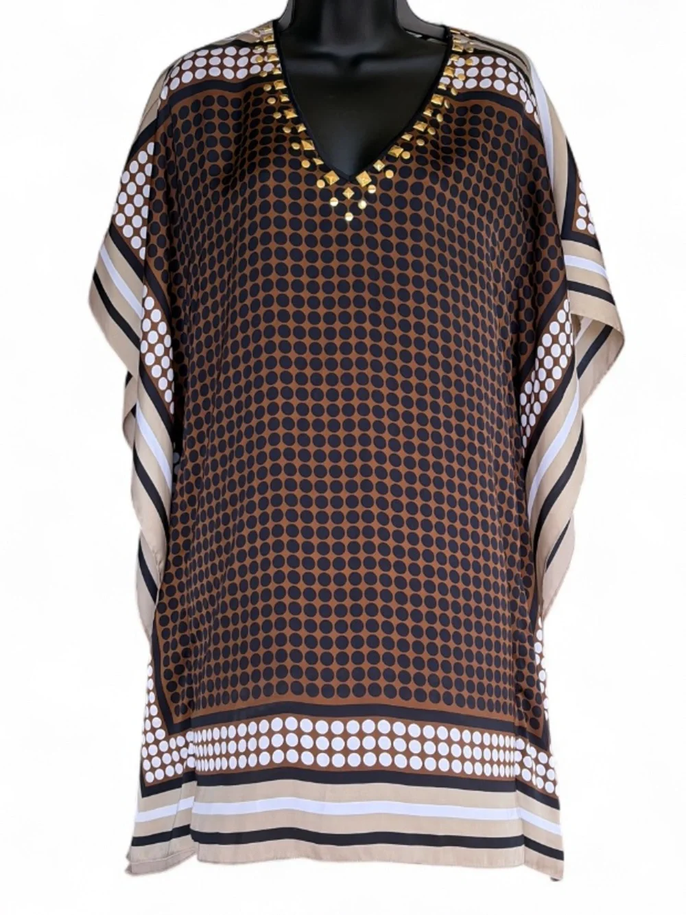 Brown Patterned V-Neck Women’s Tunic Dress